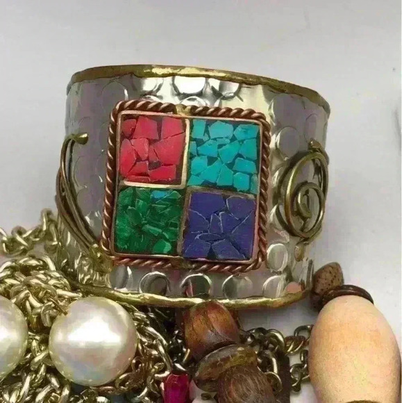 Vintage Open Cuff  bracelet handcrafted metal 8 inches in sliver Gold-toned - Picture 7 of 10